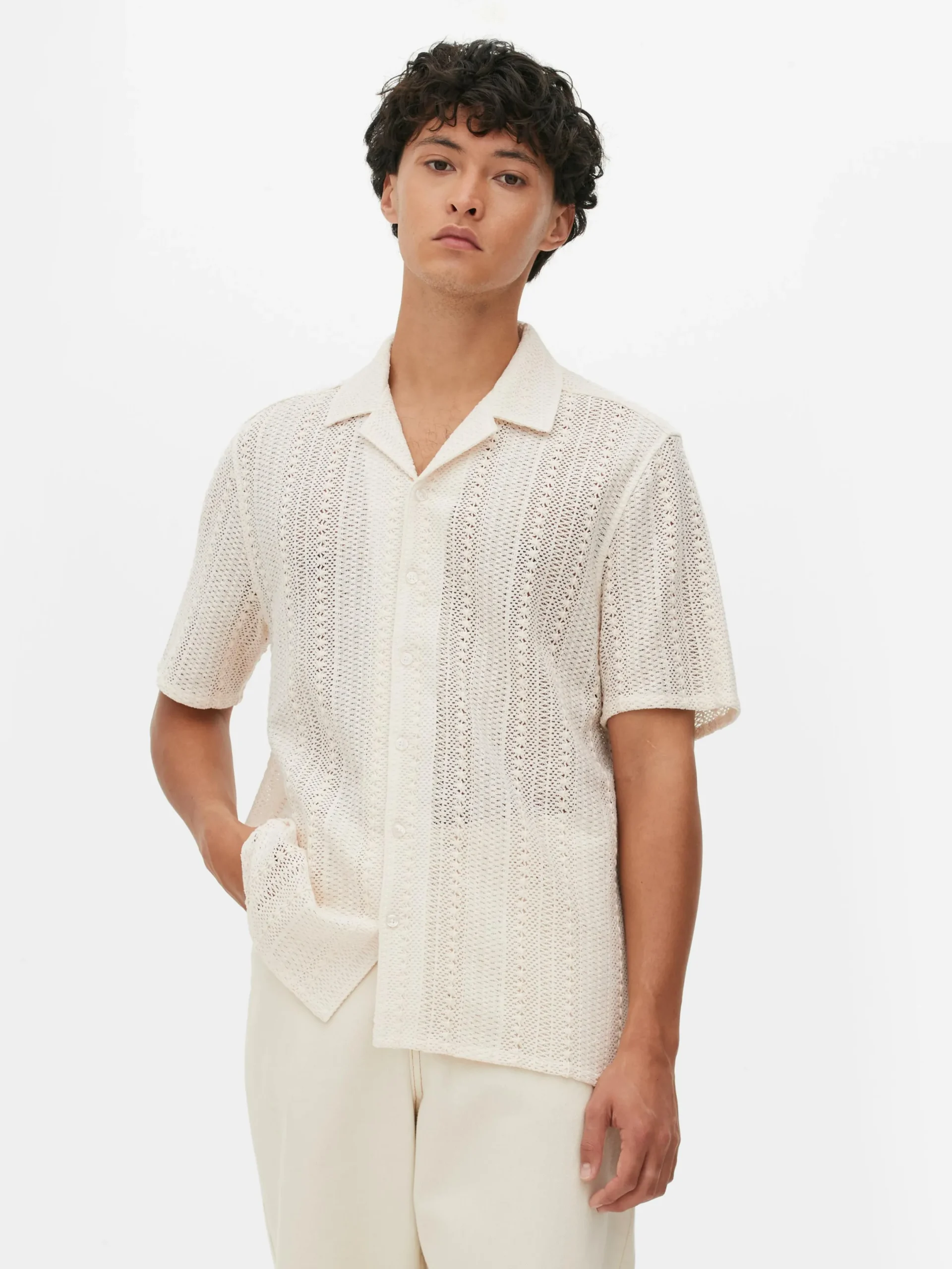 Hombre Primark Camisas|Camisa De Manga Corta De Ganchillo Con Botones