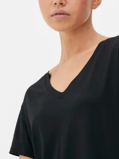 Mujer Primark Tops Y Camisetas|Camiseta Con Cuello De Pico En Mezcla De Algodón