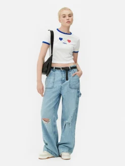 Mujer Primark Tops Y Camisetas|Camiseta Corta Con Ribetes Con El Eslogan «Paris»