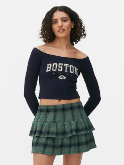 Mujer Primark Tops Y Camisetas|Camiseta Corta De Manga Larga Con Cuello Barco