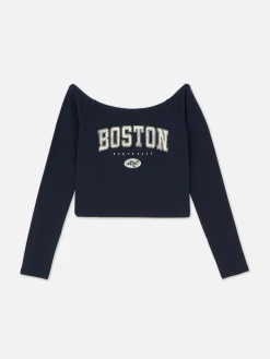 Mujer Primark Tops Y Camisetas|Camiseta Corta De Manga Larga Con Cuello Barco