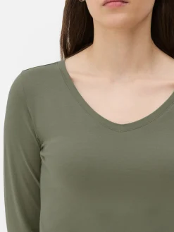 Mujer Primark Tops Y Camisetas|Camiseta De Manga Larga De Cuello De Pico