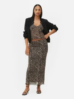 Mujer Primark Faldas|Falda Midi De Leopardo Con Superposición De Malla