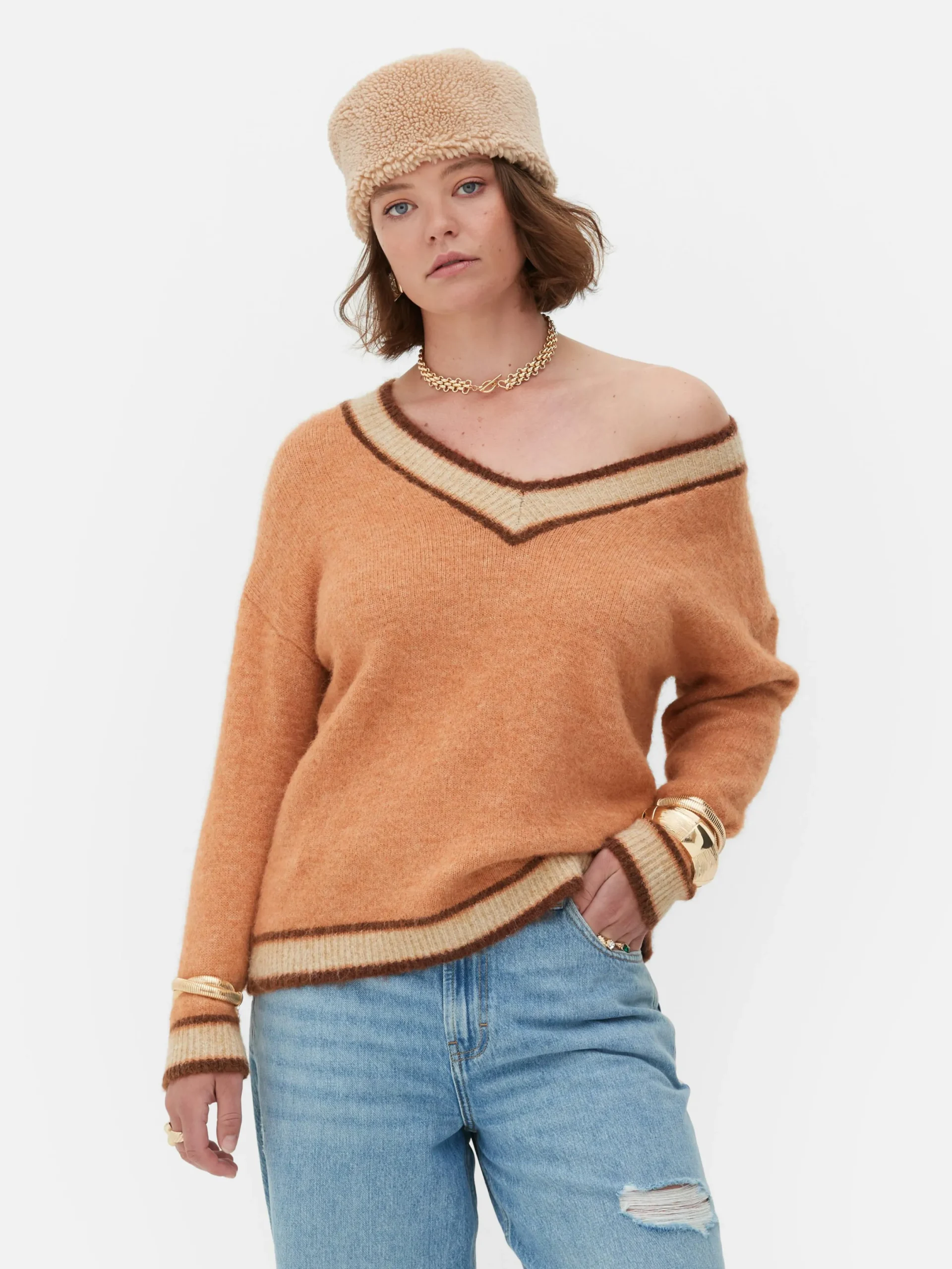 Mujer Primark Jerseys Y Cárdigans|Jersey Vintage Con Cuello De Pico De Rita Ora