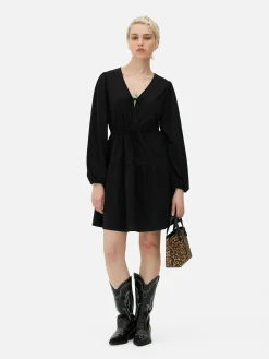 Mujer Primark Vestidos|Vestido Corto Con Vuelo, Cuello De Pico Y Lazada