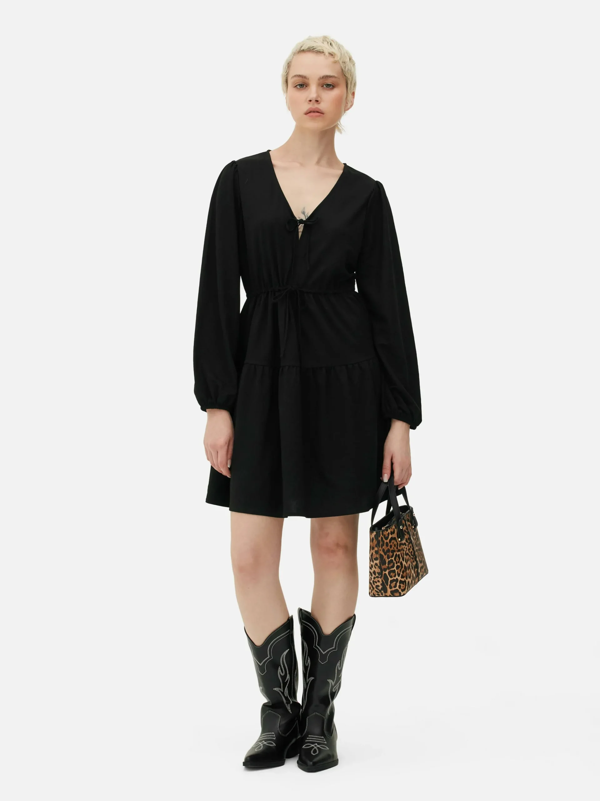 Mujer Primark Vestidos|Vestido Corto Con Vuelo, Cuello De Pico Y Lazada