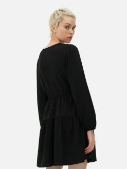 Mujer Primark Vestidos|Vestido Corto Con Vuelo, Cuello De Pico Y Lazada
