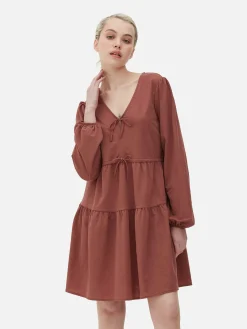 Mujer Primark Vestidos|Vestido Corto Con Vuelo, Cuello De Pico Y Lazada