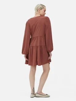 Mujer Primark Vestidos|Vestido Corto Con Vuelo, Cuello De Pico Y Lazada