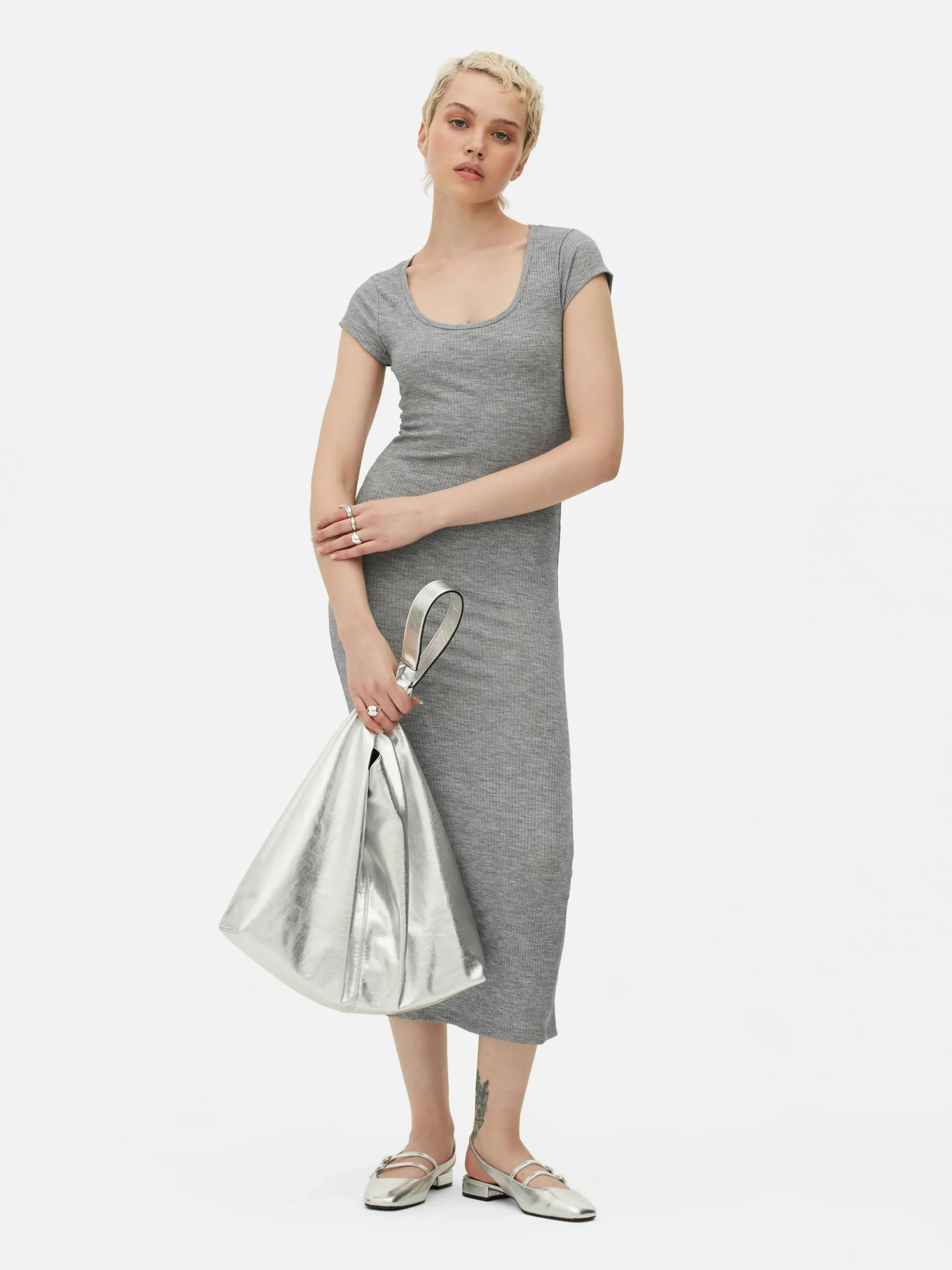 Mujer Primark Vestidos|Vestido Midi De Canalé Con Escote Amplio