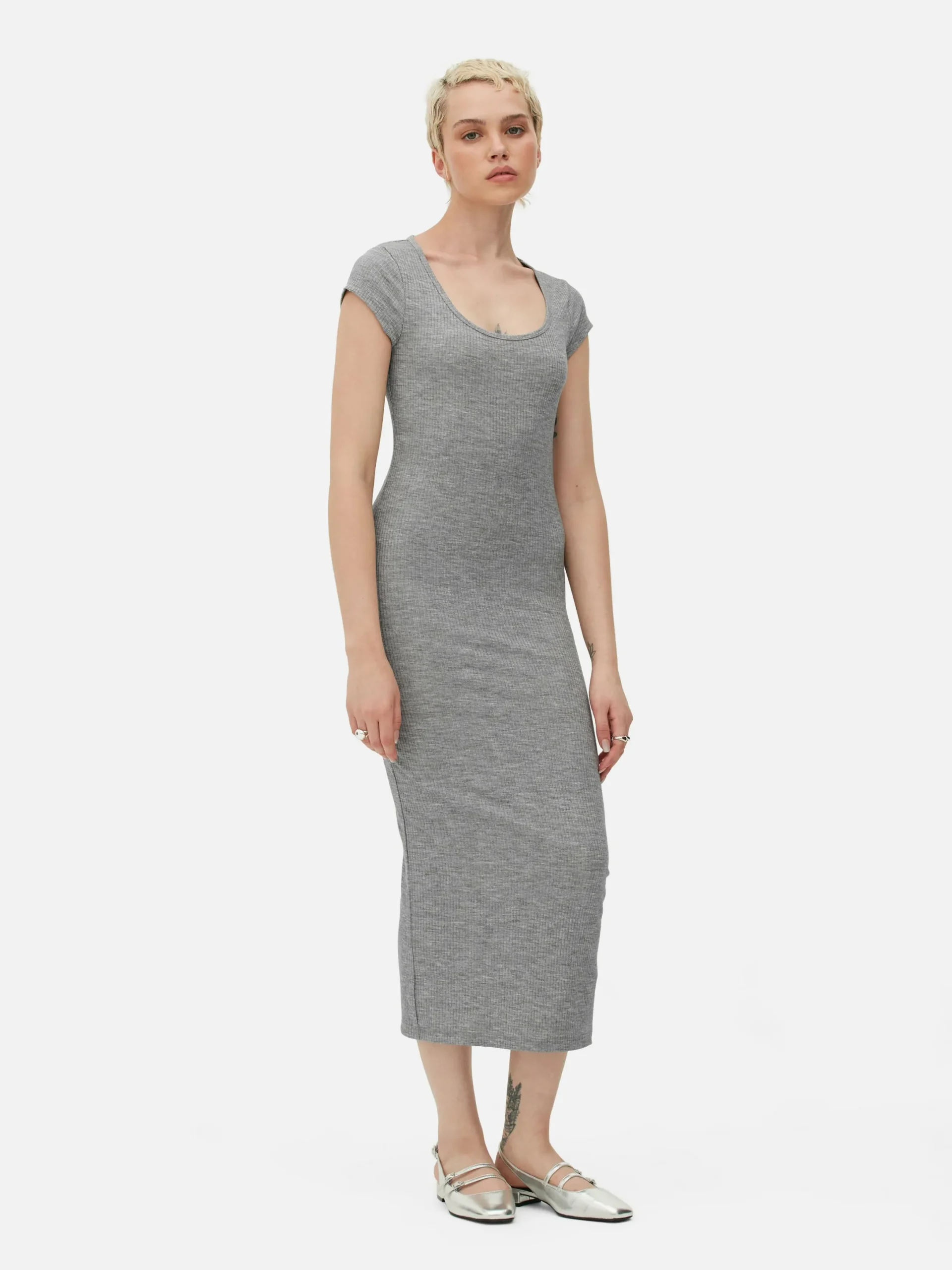 Mujer Primark Vestidos|Vestido Midi De Canalé Con Escote Amplio