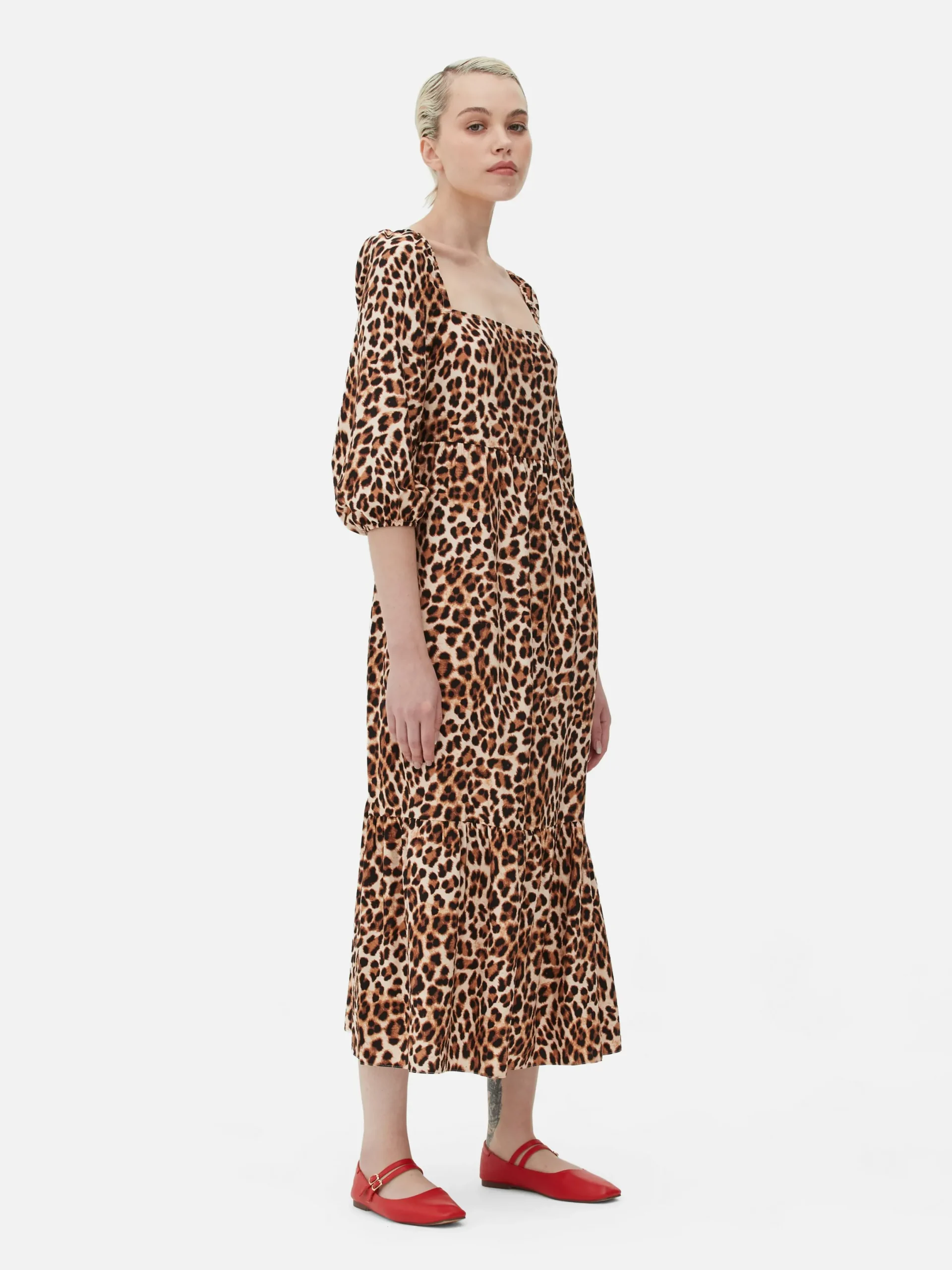 Mujer Primark Vestidos|Vestido Midi De Leopardo Con Escote Cuadrado