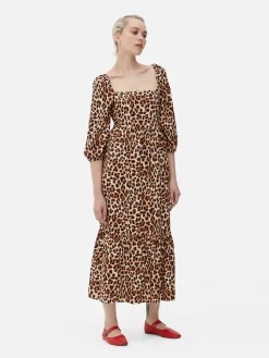 Mujer Primark Vestidos|Vestido Midi De Leopardo Con Escote Cuadrado