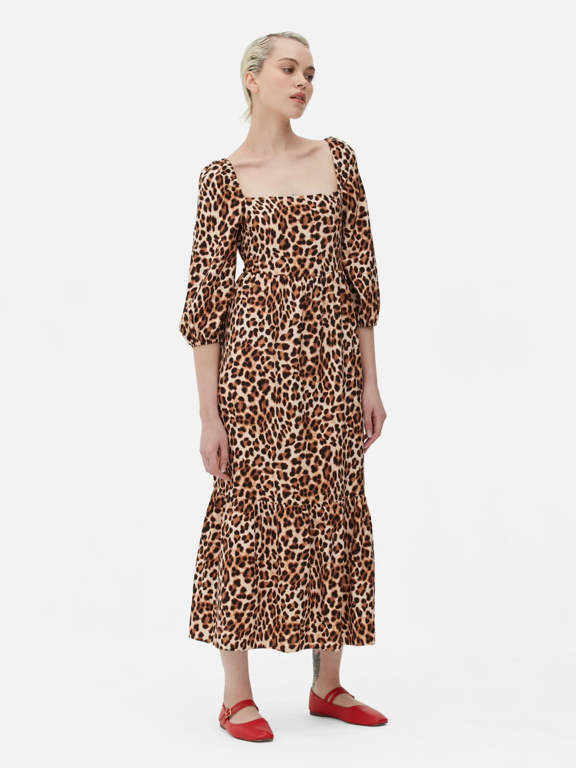 Mujer Primark Vestidos|Vestido Midi De Leopardo Con Escote Cuadrado