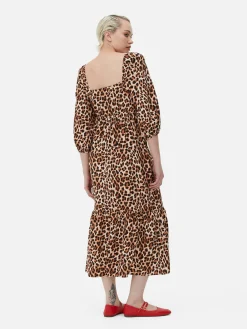 Mujer Primark Vestidos|Vestido Midi De Leopardo Con Escote Cuadrado
