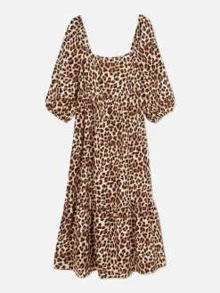 Mujer Primark Vestidos|Vestido Midi De Leopardo Con Escote Cuadrado